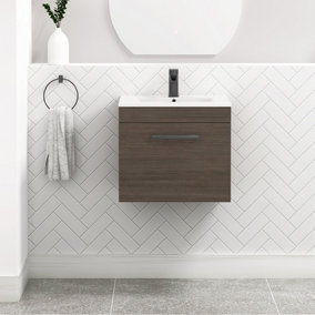 Turin Grey Elm 500mm Wall Hung Vanity Unit 1 Drawer with Minimalist Basin Sink & Matt Black Handles