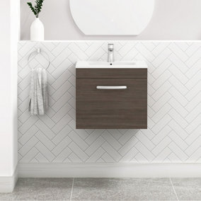 Turin Grey Elm 500mm Wall Hung Vanity Unit 1 Drawer with Minimalist Basin Sink