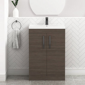Turin Grey Elm 600mm Floor Standing Vanity Unit 2 Door with Mid-Edge Basin Sink & Matt Black Handles