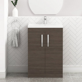 Turin Grey Elm 600mm Floor Standing Vanity Unit 2 Door with Mid-Edge Basin Sink