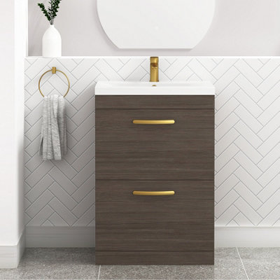 Turin Grey Elm 600mm Floor Standing Vanity Unit 2 Drawer with Mid-Edge Basin Sink & Brushed Brass Handles