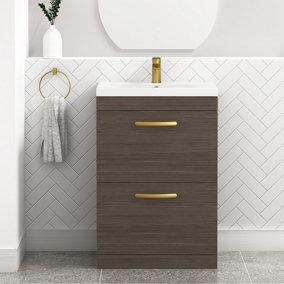 Turin Grey Elm 600mm Floor Standing Vanity Unit 2 Drawer with Mid-Edge Basin Sink & Brushed Brass Handles