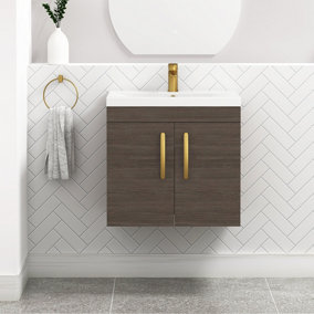Turin Grey Elm 600mm Wall Hung Vanity Unit 2 Door with Mid-Edge Basin Sink & Brushed Brass Handles
