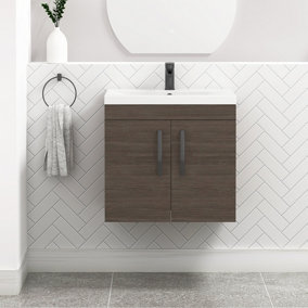 Turin Grey Elm 600mm Wall Hung Vanity Unit 2 Door with Mid-Edge Basin Sink & Matt Black Handles