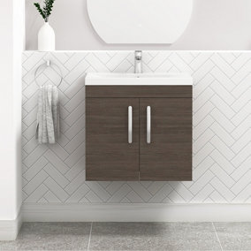Turin Grey Elm 600mm Wall Hung Vanity Unit 2 Door with Mid-Edge Basin Sink