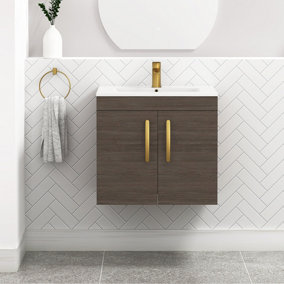 Turin Grey Elm 600mm Wall Hung Vanity Unit 2 Door with Minimalist Basin Sink & Brushed Brass Handles