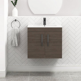 Turin Grey Elm 600mm Wall Hung Vanity Unit 2 Door with Minimalist Basin Sink & Matt Black Handles