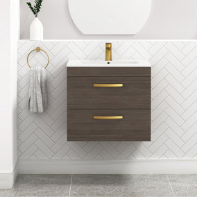 Turin Grey Elm 600mm Wall Hung Vanity Unit 2 Drawer with Minimalist Basin Sink & Brushed Brass Handles