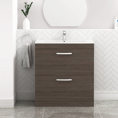Turin Grey Elm 800mm Floor Standing Vanity Unit 2 Drawer with Minimalist Basin Sink