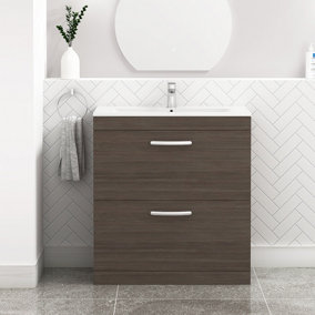 Turin Grey Elm 800mm Floor Standing Vanity Unit 2 Drawer with Minimalist Basin Sink