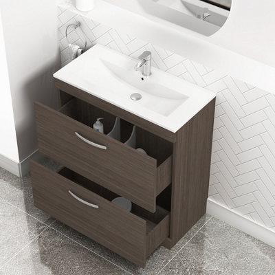 Turin Grey Elm 800mm Floor Standing Vanity Unit 2 Drawer with Minimalist Basin Sink