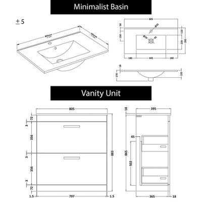 Turin Grey Elm 800mm Floor Standing Vanity Unit 2 Drawer with Minimalist Basin Sink
