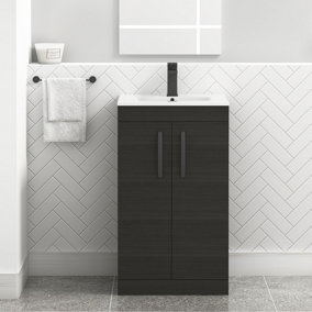 Turin Hale Black 500mm Floor Standing Vanity Unit 2 Door with Minimalist Basin Sink & Matt Black Handles