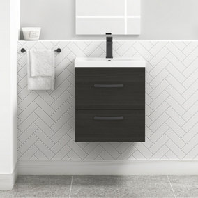 Turin Hale Black 500mm Wall Hung Vanity Unit 2 Drawer with Mid-Edge Basin Sink & Matt Black Handles