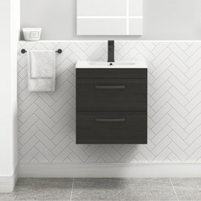 Turin Hale Black 500mm Wall Hung Vanity Unit 2 Drawer with Minimalist Basin Sink & Matt Black Handles