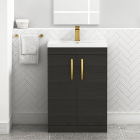 Turin Hale Black 600mm Floor Standing Vanity Unit 2 Door with Mid-Edge Basin Sink & Brushed Brass Handles