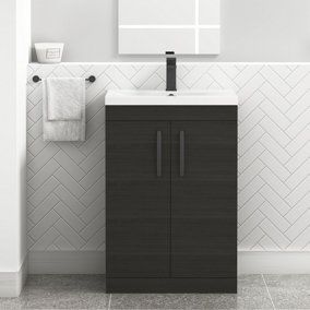 Turin Hale Black 600mm Floor Standing Vanity Unit 2 Door with Mid-Edge Basin Sink & Matt Black Handles