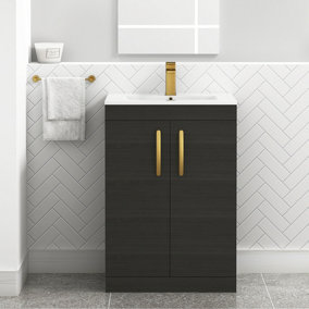 Turin Hale Black 600mm Floor Standing Vanity Unit 2 Door with Minimalist Basin Sink & Brushed Brass Handles