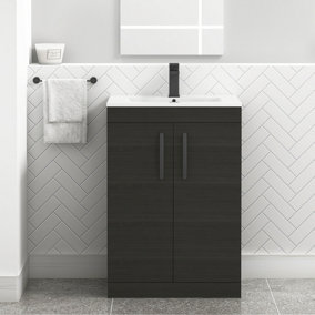 Turin Hale Black 600mm Floor Standing Vanity Unit 2 Door with Minimalist Basin Sink & Matt Black Handles