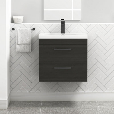 Turin Hale Black 600mm Wall Hung Vanity Unit 2 Drawer with Mid-Edge Basin Sink & Matt Black Handles
