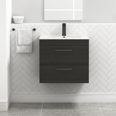 Turin Hale Black 600mm Wall Hung Vanity Unit 2 Drawer with Minimalist Basin Sink & Matt Black Handles