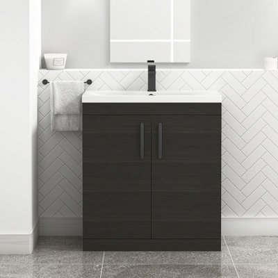 Turin Hale Black 800mm Floor Standing Vanity Unit 2 Door with Mid-Edge Basin Sink & Matt Black Handles