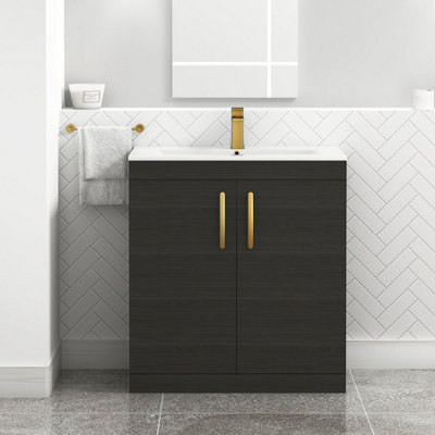 Turin Hale Black 800mm Floor Standing Vanity Unit 2 Door with Minimalist Basin Sink & Brushed Brass Handles