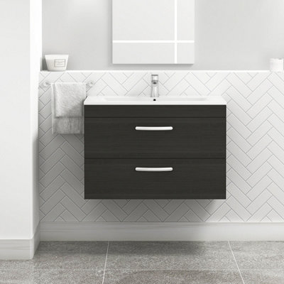 Turin Hale Black 800mm Wall Hung Vanity Unit 2 Drawer with Minimalist Basin Sink