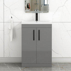 Turin Indigo Grey Gloss 600mm Floor Standing Vanity Unit 2 Door with Mid-Edge Basin Sink & Matt Black Handles