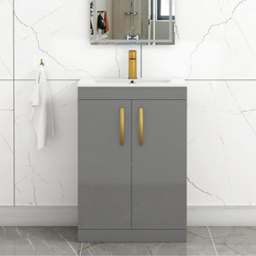 Turin Indigo Grey Gloss 600mm Floor Standing Vanity Unit 2 Door with Minimalist Basin Sink & Brushed Brass Handles