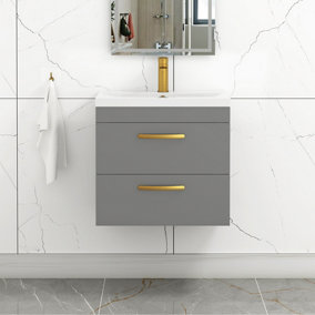 Turin Indigo Grey Gloss 600mm Wall Hung Vanity Unit 2 Drawer with Mid-Edge Basin Sink & Brushed Brass Handles