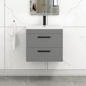 Turin Indigo Grey Gloss 600mm Wall Hung Vanity Unit 2 Drawer with Mid-Edge Basin Sink & Matt Black Handles