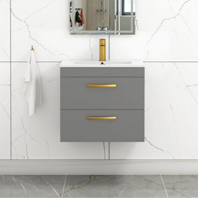 Turin Indigo Grey Gloss 600mm Wall Hung Vanity Unit 2 Drawer with Minimalist Basin Sink & Brushed Brass Handles
