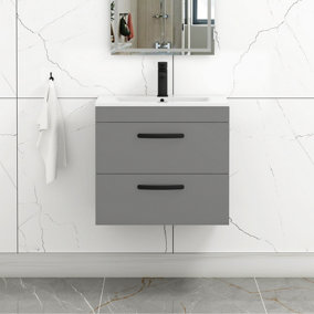 Turin Indigo Grey Gloss 600mm Wall Hung Vanity Unit 2 Drawer with Minimalist Basin Sink & Matt Black Handles