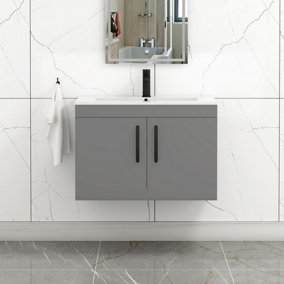 Turin Indigo Grey Gloss 800mm Wall Hung Vanity Unit 2 Door with Minimalist Basin Sink & Matt Black Handles