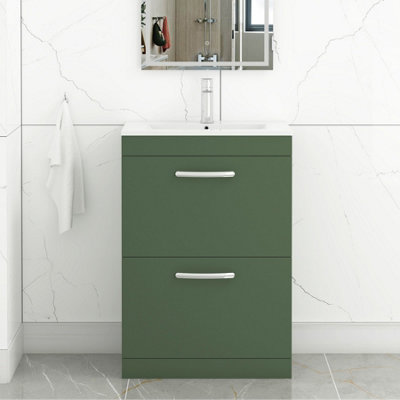 Turin Matte Green 2 Drawer Floor Standing Vanity Unit with Minimalist Basin