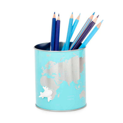 Turquoise Metal World Map Globe Magnetic Pen Pot Holder Tin