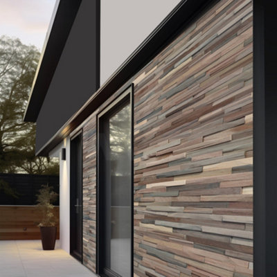 Tuscan Dark Brown Rustic Mosaic Hardwood Interlocking Split Face 3D Wall Tiles - 11 Pack - Each Tile 15 x 70cm