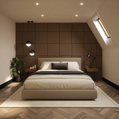 Tuscan Smoked Oak Acoustic Square Wall Tiles Wrapped Slat PVC - 4 Pack - Each Tile 55 x 55cm