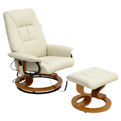 Tuscany Bonded Leather Cream Swivel Recliner Massage Chair W Foot Stool Armchair 8 Motor Massage Unit Built In