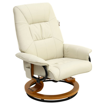 Tuscany Bonded Leather Cream Swivel Recliner Massage Chair W Foot Stool Armchair 8 Motor Massage Unit Built In