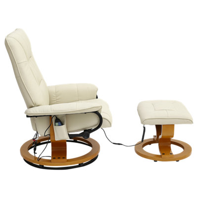 Tuscany Bonded Leather Cream Swivel Recliner Massage Chair W Foot Stool Armchair 8 Motor Massage Unit Built In