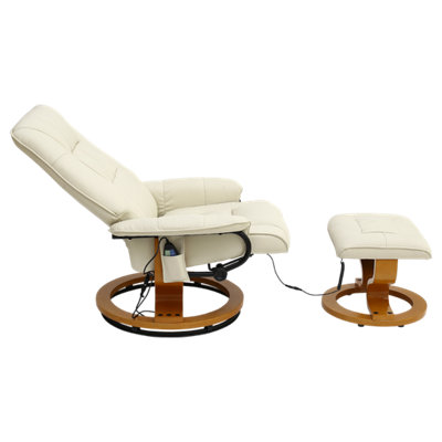 Tuscany Bonded Leather Cream Swivel Recliner Massage Chair W Foot Stool Armchair 8 Motor Massage Unit Built In