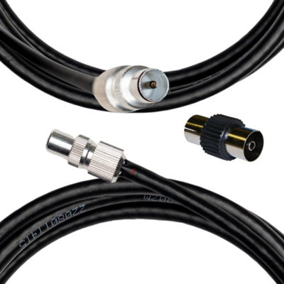 Tv Aerial Coax Cable RF Lead Male Plug to Plug with Coupler Black 2 Metres
