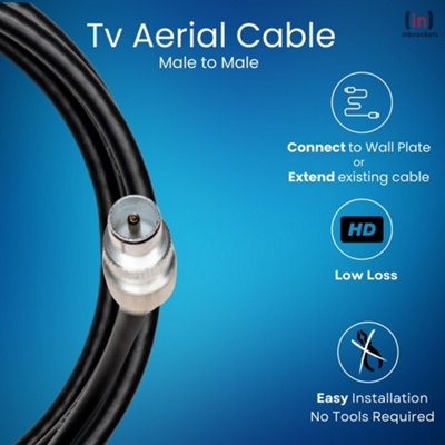 Tv Aerial Coax Cable RF Lead Male Plug to Plug with Coupler Black 5 Metres
