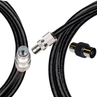 Tv Aerial Coax Cable RF Lead Male Plug to Plug with Coupler Black 7 Metres