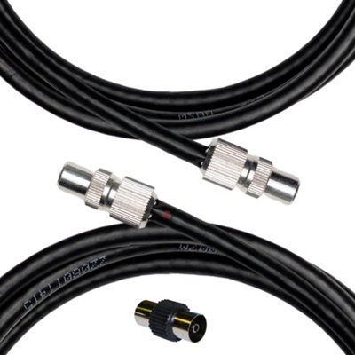Tv Aerial Coax Cable RF Lead Male Plug to Plug with Coupler Black 7 Metres