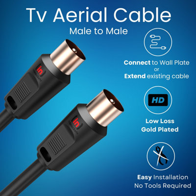 Tv Aerial Coax Cable RF Lead Male Plug to Plug with Coupler Gold Plated for Freeview Digital TV and Aerial  Black 5M