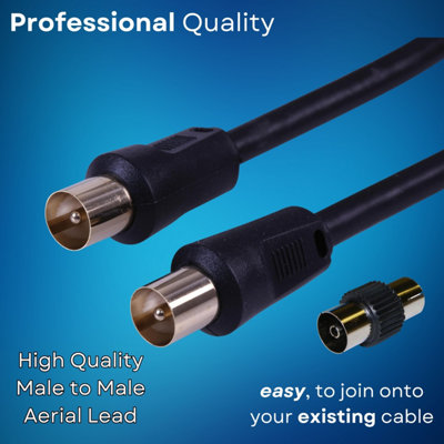 Tv Aerial Coax Cable RF Lead Male Plug to Plug with Coupler Gold Plated for Freeview Digital TV and Aerial extension Black 1.5M