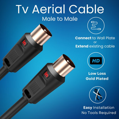 Tv Aerial Coax Cable RF Lead Male Plug to Plug with Coupler Gold Plated for Freeview Digital TV and Aerial extension Black 2M